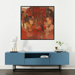 'Red Door' painting by Siddharth Shingade shown on a wall in a furnished room.