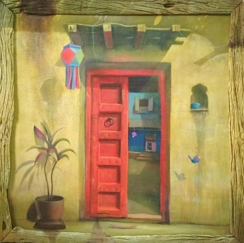 Still-life acrylic painting titled 'Red Door', 60x60 inches, by artist Gopal Pardeshi on Canvas