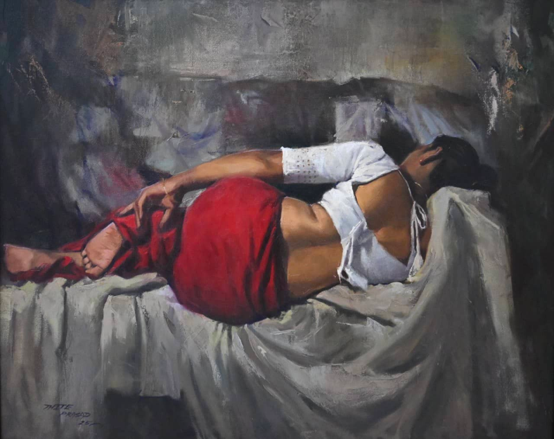 The Red Drap' figurative oil painting by artist Prasad Thite, 24x30 inch, on canvas