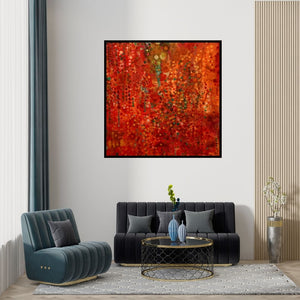 Preview of 'Red Earth' Painting by Sunayana Malhotra shown on a wall in a furnished room.