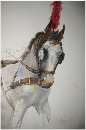 Red Feather (Majestic Horse) by Vijay Jadhav, Original Watercolor Animal Painting on Paper, Small Vertical Wall Art
