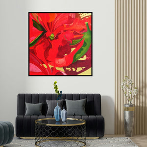 Balaji G Bhange's 'The Red Flower I' painting visualized above a sofa in a contemporary room.