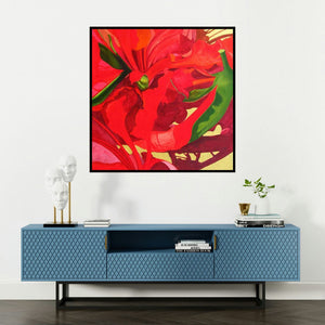 'The Red Flower I' painting by Balaji G Bhange shown on a wall in a furnished room.