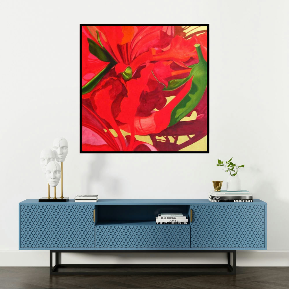 'The Red Flower I' painting by Balaji G Bhange shown on a wall in a furnished room.