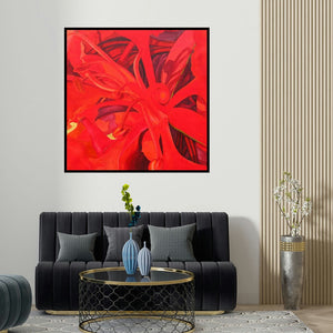 Balaji G Bhange's 'The Red Flower Ii' painting visualized above a sofa in a contemporary room.