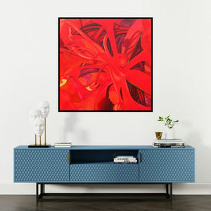 'The Red Flower Ii' painting by Balaji G Bhange shown on a wall in a furnished room.