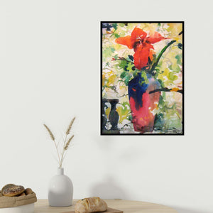 In-situ view of Manas Biswas's 'Red Flower With Vase (Scarlet Elegance)' painting in a room
