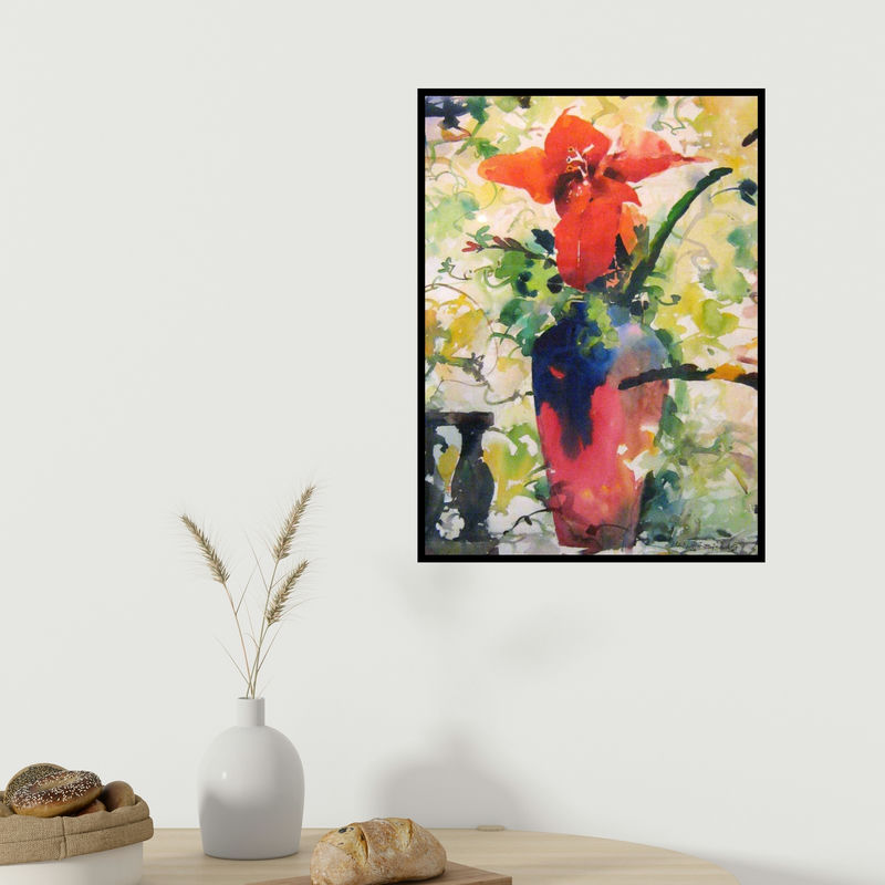 In-situ view of Manas Biswas's 'Red Flower With Vase (Scarlet Elegance)' painting in a room