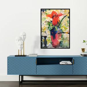 Preview of 'Red Flower With Vase (Scarlet Elegance)' Painting by Manas Biswas shown on a wall in a furnished room.