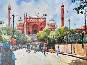 Red Fort Delhi (Eternal Love**) by Ranabir Saha, Original Acrylic Cityscape Painting on Canvas, Small Horizontal Wall Art