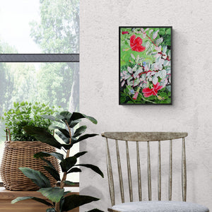 In-situ view of Vishwajyoti Mohrhoff's 'Red Hibiscus Variegated (Crimson Delight: Hibiscus in Bloom)' painting in a room