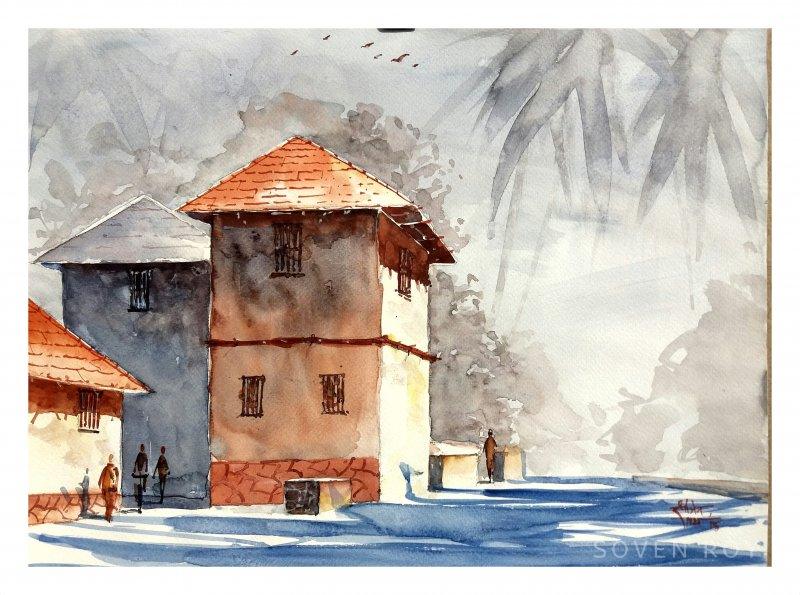 Landscape watercolor painting titled 'Red Konkan House', 16x12 inches, by artist Soven Roy on Paper