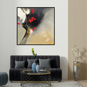 Sanjay Dhawale's 'Red Leaves (Crimson Whisper)' painting visualized above a sofa in a contemporary room.