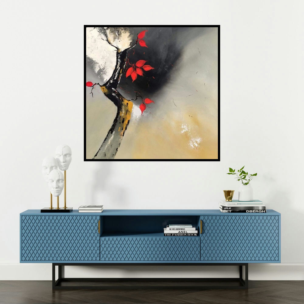 'Red Leaves (Crimson Whisper)' painting by Sanjay Dhawale shown on a wall in a furnished room.