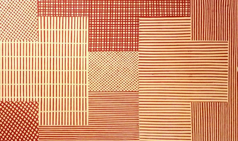 Abstract acrylic painting titled 'Red Loom Red Loom', 24x48 inch, by artist Megha Madan on Canvas