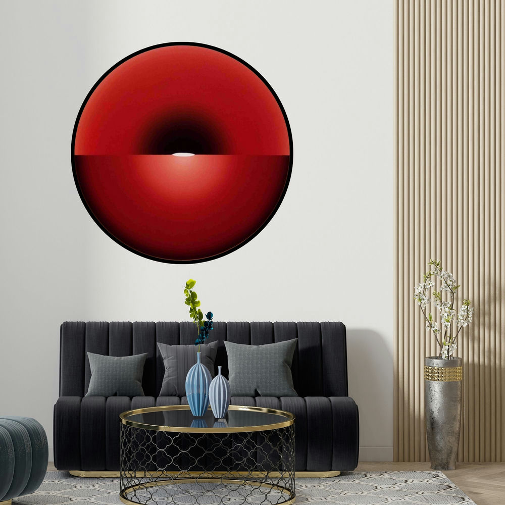 'Red Meditation 2 (Crimson Contemplation)' painting by Ghanshyam Gupta shown on a wall in a furnished room.