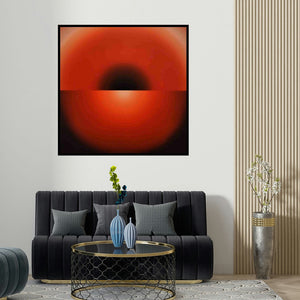 Ghanshyam Gupta's 'Red Meditation (Crimson Contemplation)' painting visualized above a sofa in a contemporary room.