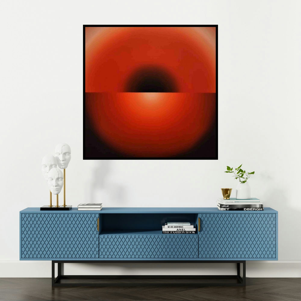 'Red Meditation (Crimson Contemplation)' painting by Ghanshyam Gupta shown on a wall in a furnished room.