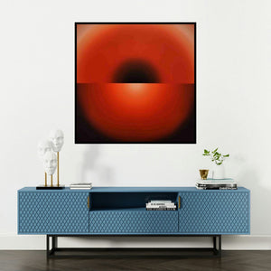 'Red Meditation (Crimson Contemplation)' painting by Ghanshyam Gupta shown on a wall in a furnished room.