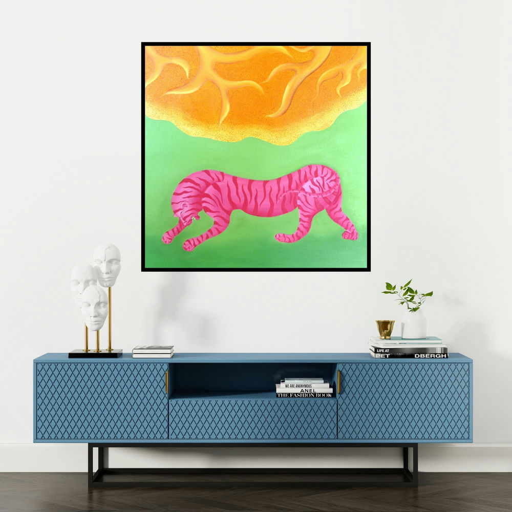 'Red Tiger (Solar Prowl)' painting by Naveena Ganjoo shown on a wall in a furnished room.