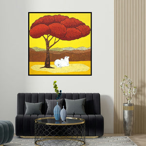Deepali S's 'Red Tree' painting visualized above a sofa in a contemporary room.