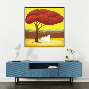 'Red Tree' painting by Deepali S shown on a wall in a furnished room.