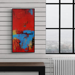Preview of 'Red Vertical Abstract I' Painting by Siddhesh Rane shown on a wall in a furnished room.