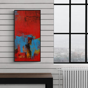 Preview of 'Red Vertical Abstract Ii' Painting by Siddhesh Rane shown on a wall in a furnished room.