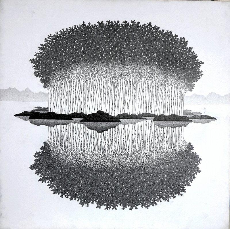 Landscape ink drawing titled 'Reflection 15 II', 36x36 inches, by artist Prakash Ghadge on canvas
