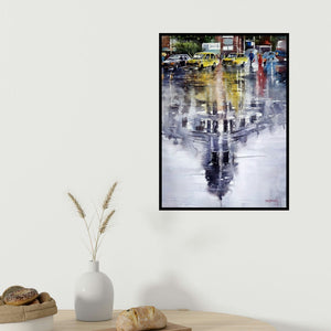 Sanjay Dhawale's 'Reflection (Urban Reflections)' painting visualized above a sofa in a contemporary room.