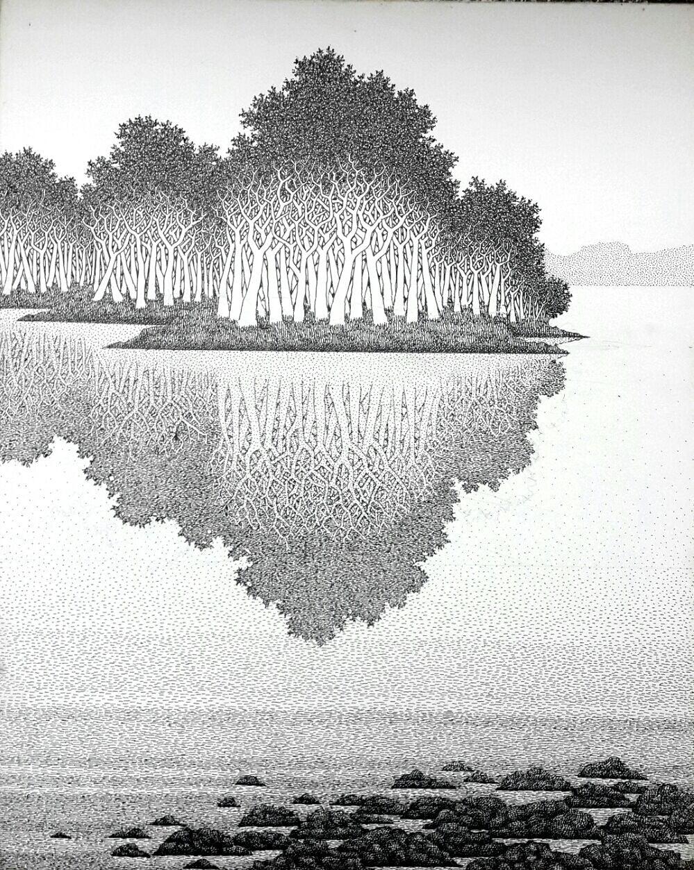 Figurative pen ink drawing titled 'Reflection 17 I', 22x18 inches, by artist Prakash Ghadge on Canvas