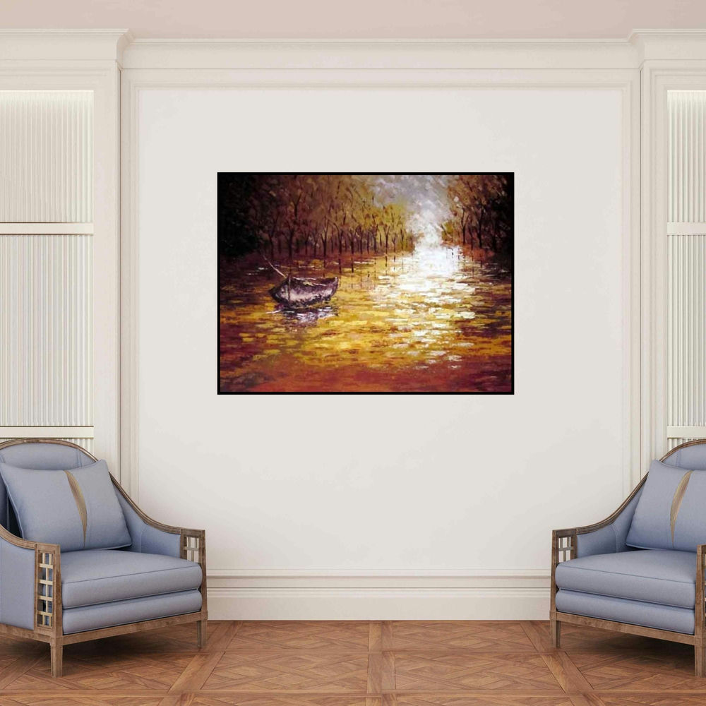 'The Reflection (Golden Reflections)' painting by Ganesh Panda shown on a wall in a furnished room.