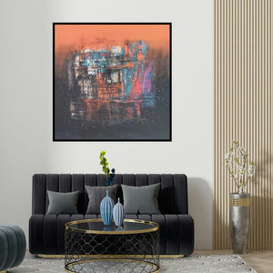 Dnyaneshwar Dhavale's 'Reflection (Cityscape Dreams**)' painting visualized above a sofa in a contemporary room.