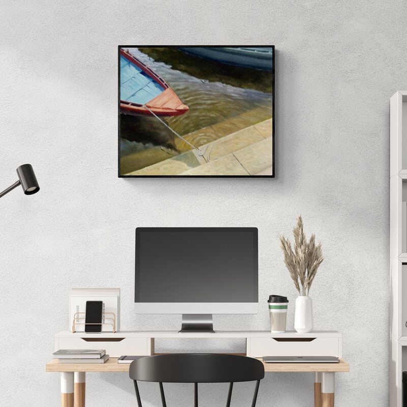 In-situ view of Uday Farat's 'Reflection 5 (Reflections on the Water)' painting in a room