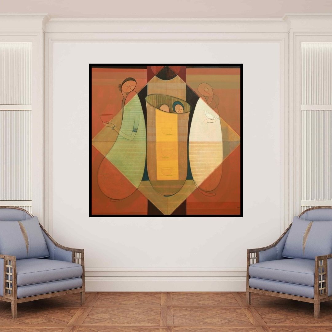 In-situ view of Dattatraya Thombare's 'Reflection (Nurturing Circle)' painting in a room