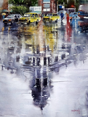 Cityscape watercolor painting titled 'Reflection', 30x22 inches, by artist Sanjay Dhawale on Paper