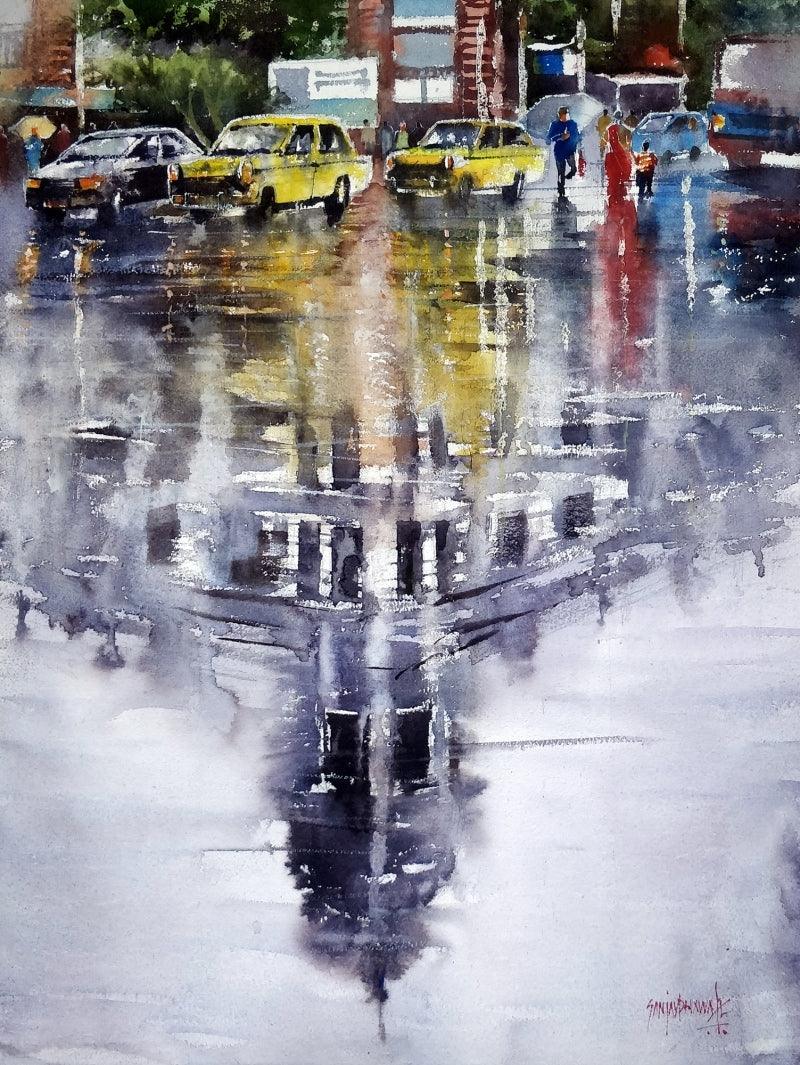 Cityscape watercolor painting titled 'Reflection', 30x22 inches, by artist Sanjay Dhawale on Paper