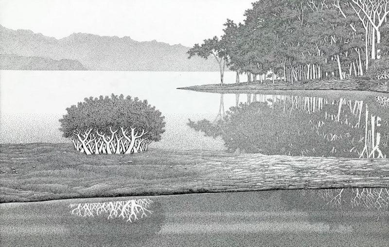 Nature pen ink drawing titled 'Reflection III 21', 24x36 inches, by artist Prakash Ghadge on Canvas