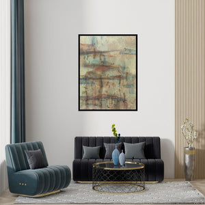 Preview of 'Reflection Of Nature 1 (Earthy Abstraction)' Painting by Narendar Mukherjee shown on a wall in a furnished room.