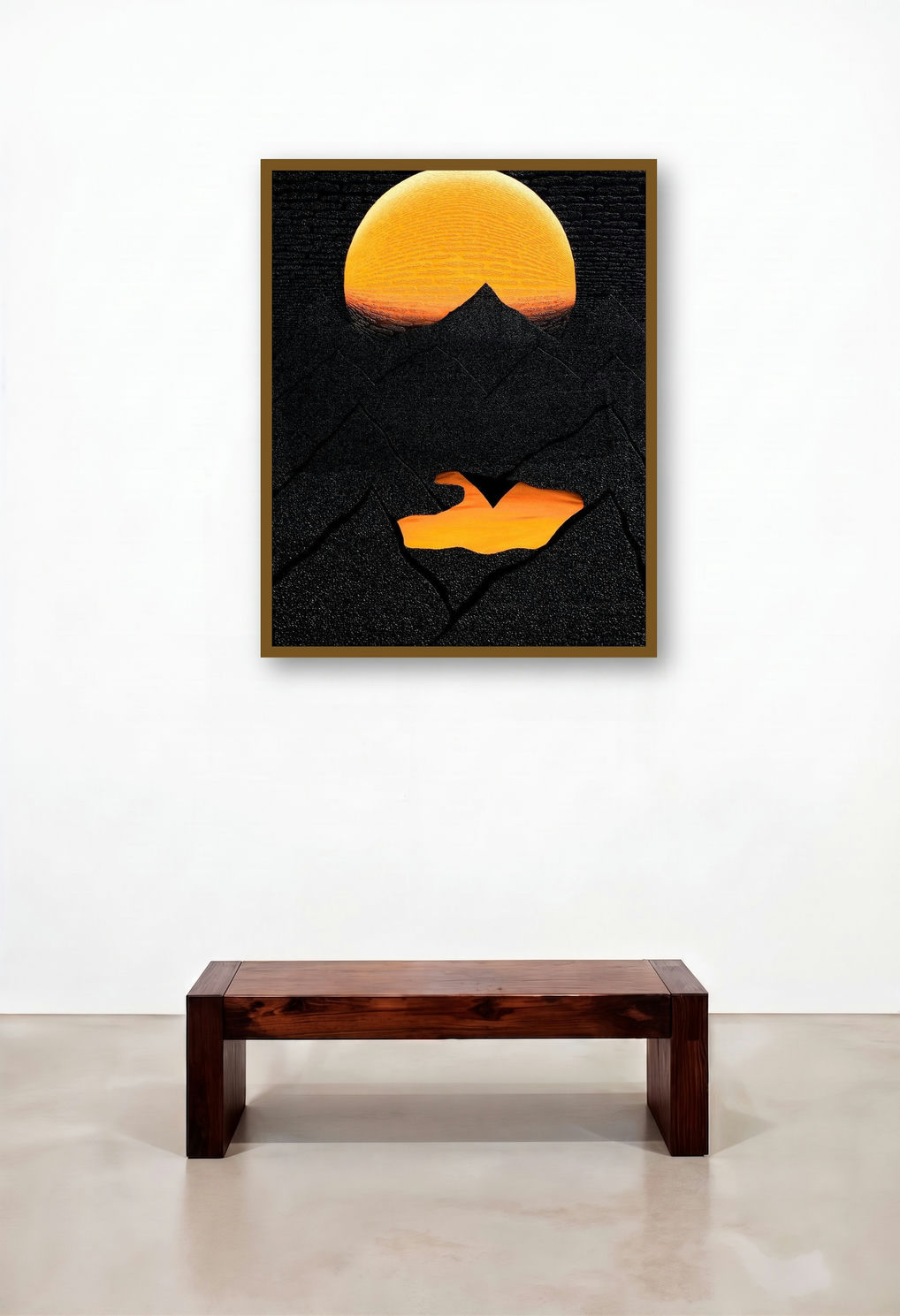 Reflection On The Lake (Serene Sunset) by artist Mamoon Nomani displayed in a Rustic Hotel Lobby