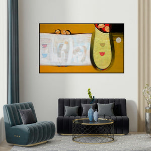 Dattatraya Thombare's 'Reflection V' painting visualized above a sofa in a contemporary room.