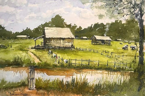 Landscape watercolor painting titled 'Reflection Village', 14x20 inches, by artist KS Farvez on Paper
