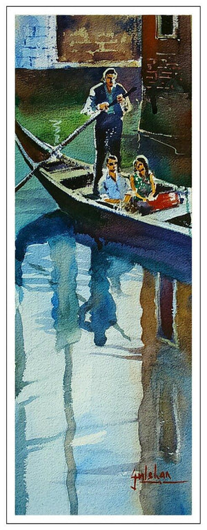 Reflections by Gulshan Achari, Original Watercolor Figurative Painting on Paper, X-Small Vertical Wall Art