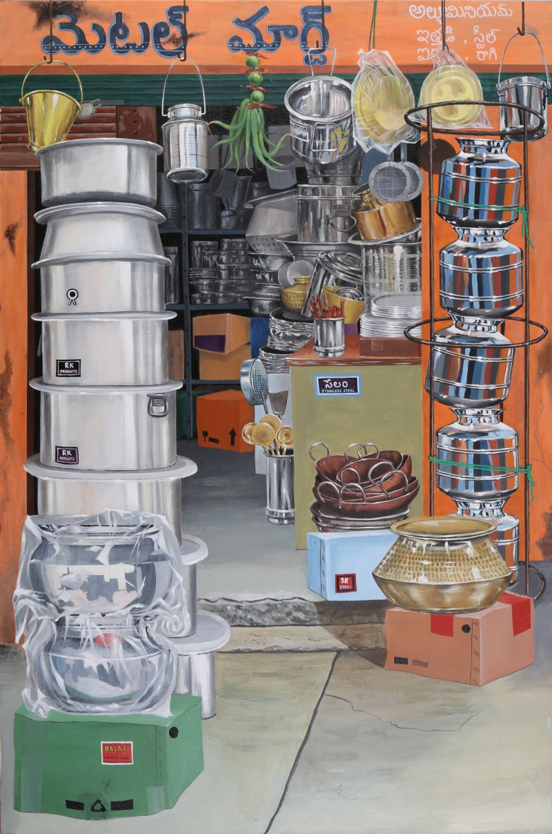 'Reflections Of Traditions 2' still-life acrylic painting by artist Divya Chinni, 72x48 inch, on canvas