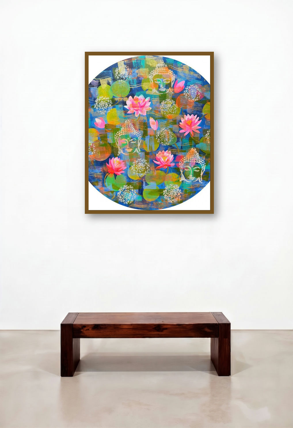 Regal Ii (Serene Buddha Lotus Pond) by artist Amita Dand displayed in a Scandinavian Hallway