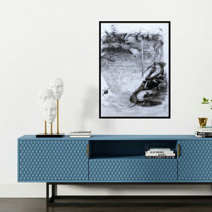 'Reincarnation' painting by Anas Sultan shown on a wall in a furnished room.