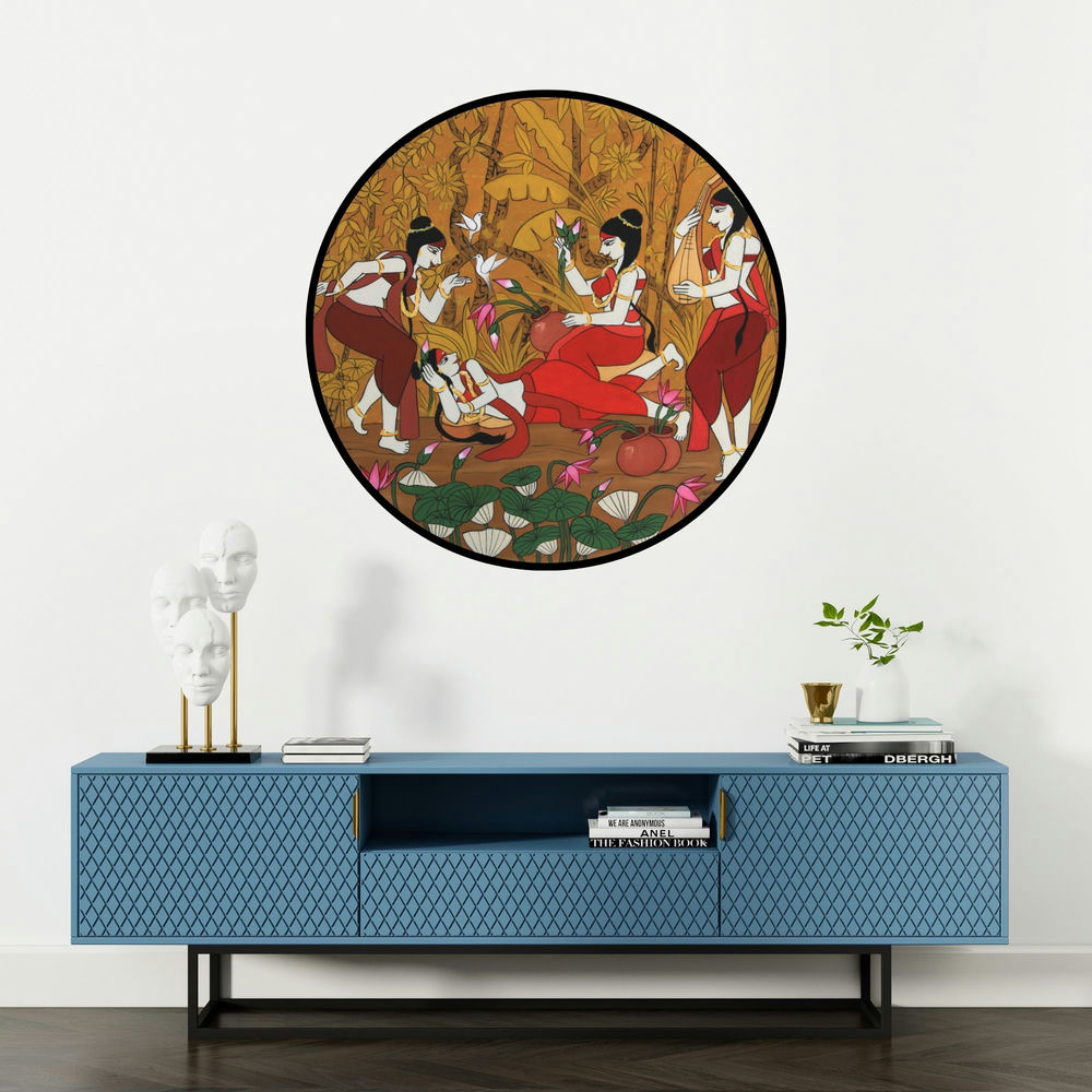 'Rejoice (A Divine Gathering)' painting by Chetan Katigar shown on a wall in a furnished room.