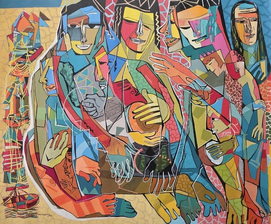 'Rejoicing Series 1' figurative acrylic painting by artist Srj Surajit Chakraborty, 39x33 inch, on canvas