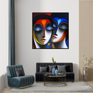 Preview of 'Relation 2 (Eternal Love Radha and Krishna)' Painting by Santosh Chattopadhyay shown on a wall in a furnished room.