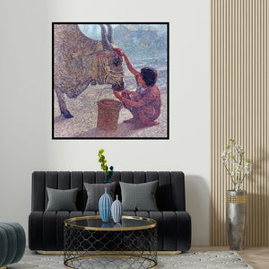 Nanasaheb Yeole's 'Relation (A Bond of Trust)' painting visualized above a sofa in a contemporary room.